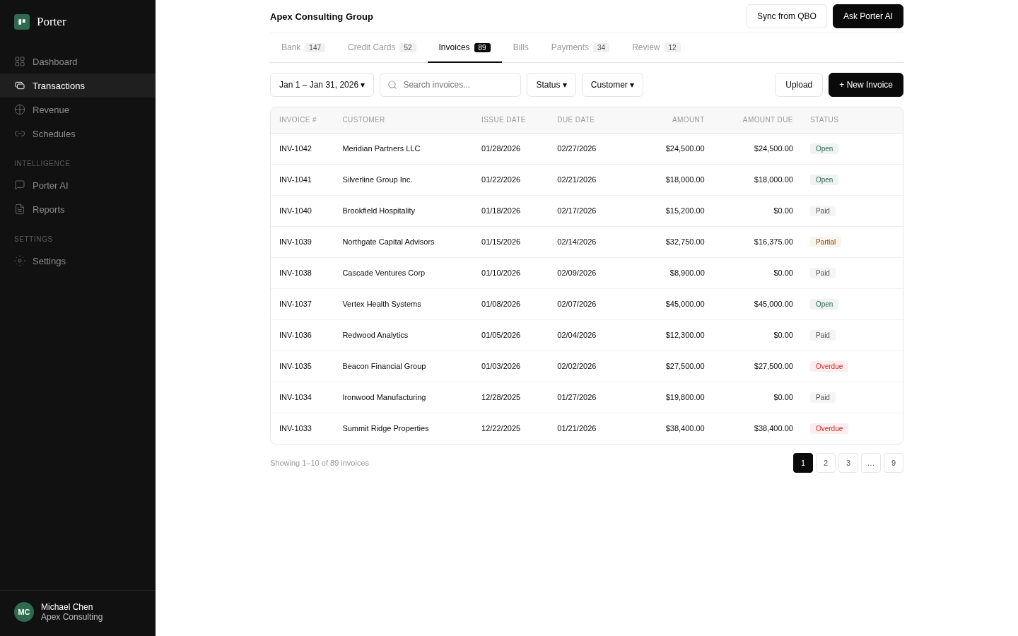 Porter invoice management showing open, paid, and overdue invoices with customer details